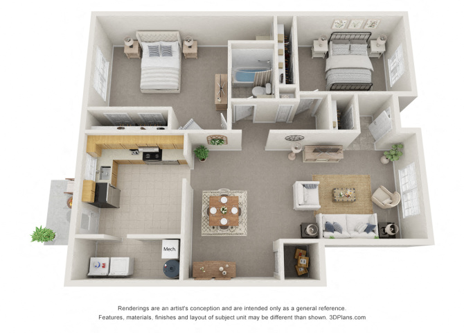 Floor plan for 2 beds, 1 bath, 1240 sqft